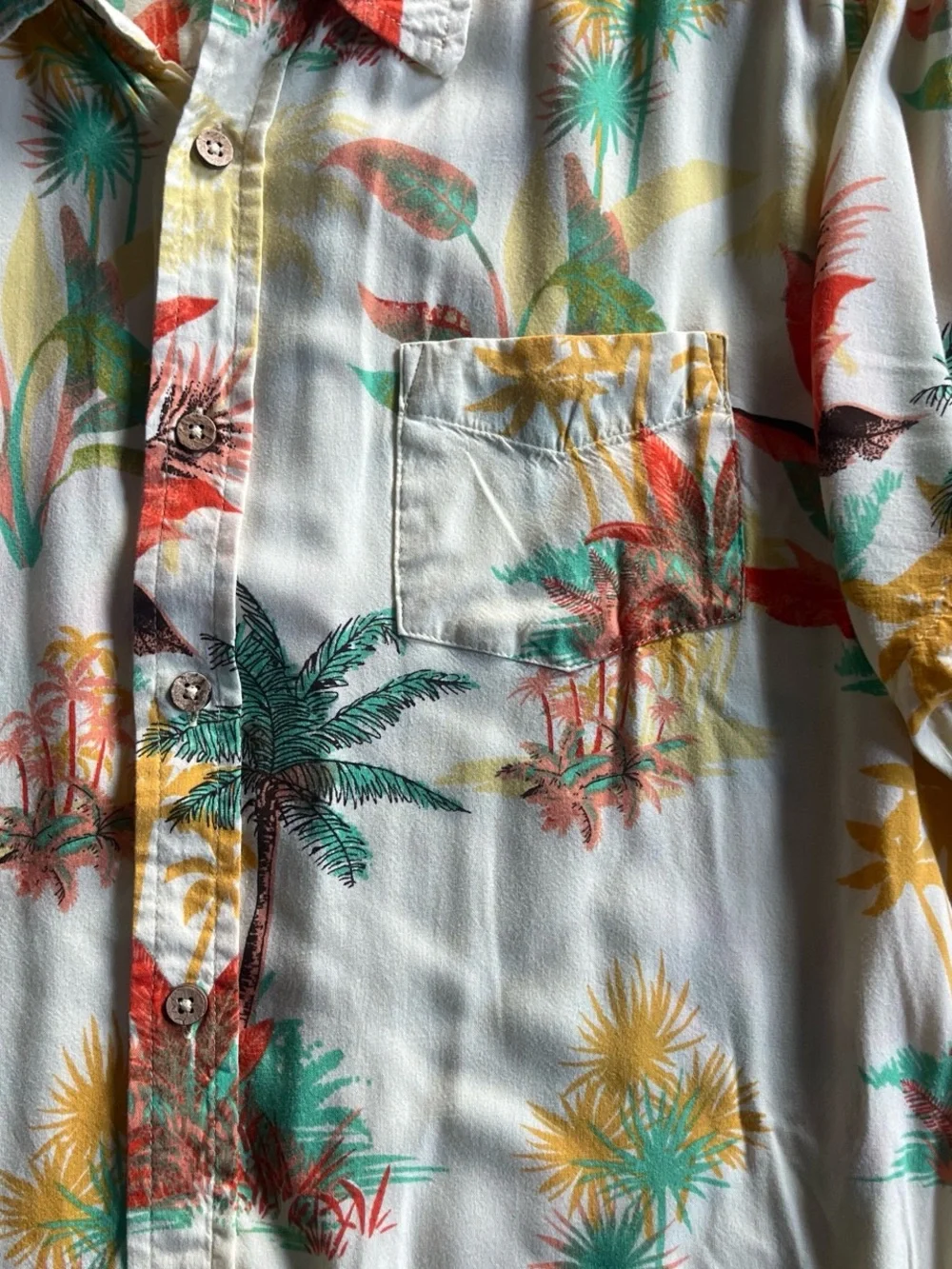 Men's Tropical Short-Sleeve Button-Down Shirt - Cream with Teal & Coral - Picture 6 of 6